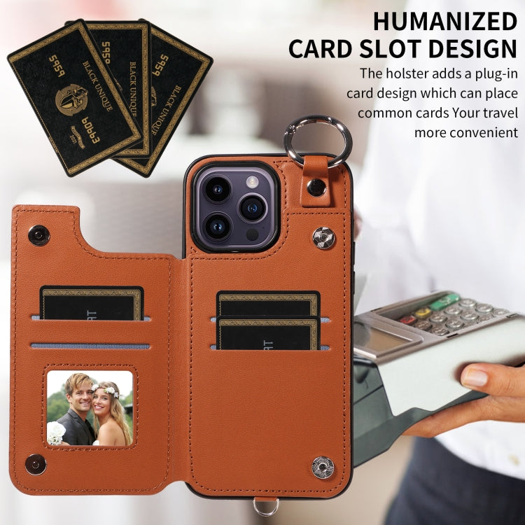 For iPhone 14 Pro Max Rhombic Texture Card Bag Phone Case with Short Lanyard