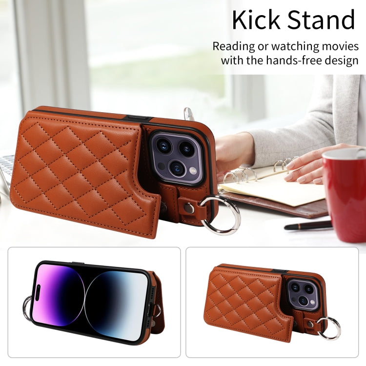 For iPhone 14 Pro Max Rhombic Texture Card Bag Phone Case with Short Lanyard