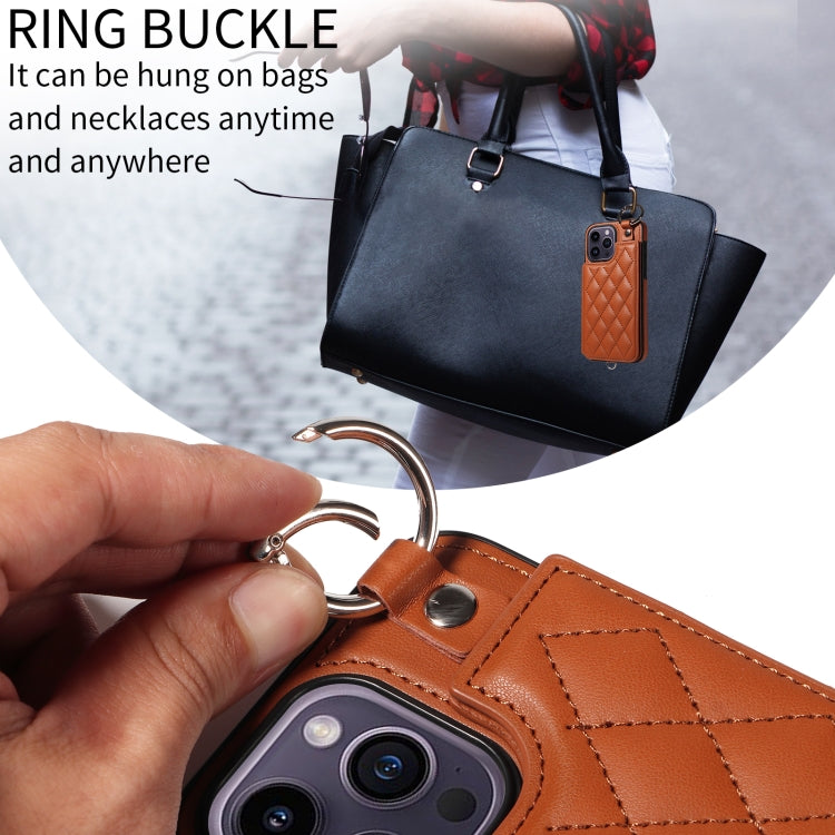 For iPhone 14 Pro Max Rhombic Texture Card Bag Phone Case with Short Lanyard