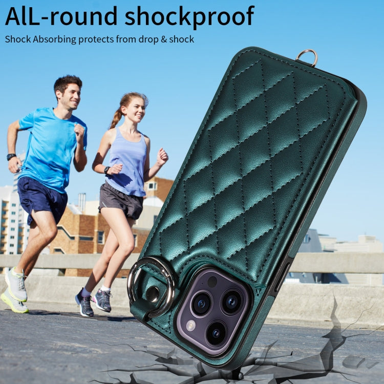 For iPhone 14 Pro Max Rhombic Texture Card Bag Phone Case with Short Lanyard