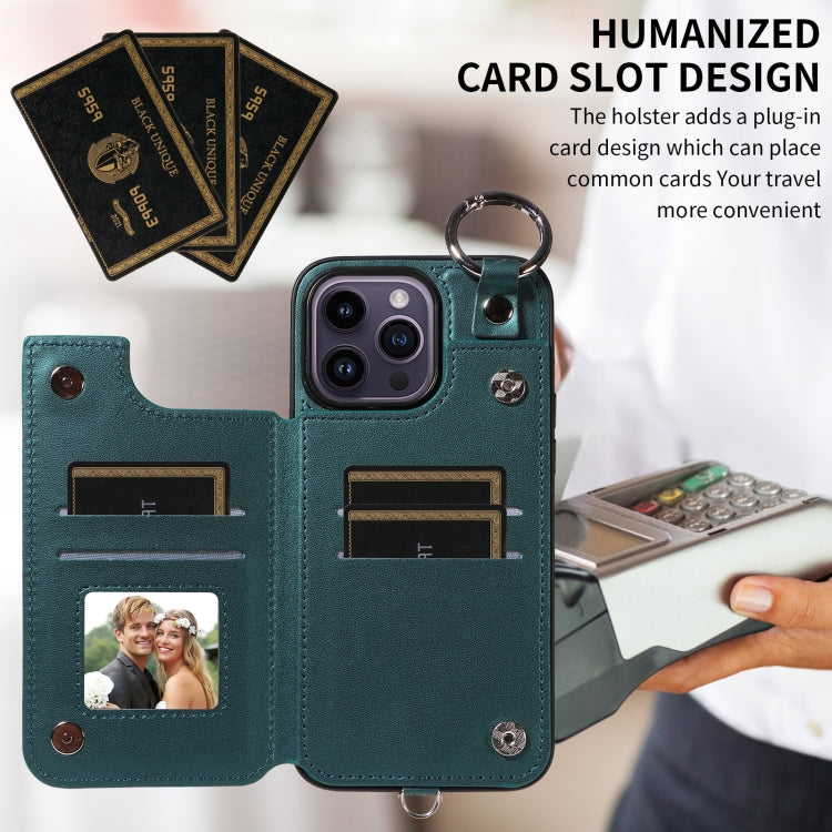 For iPhone 14 Pro Max Rhombic Texture Card Bag Phone Case with Short Lanyard