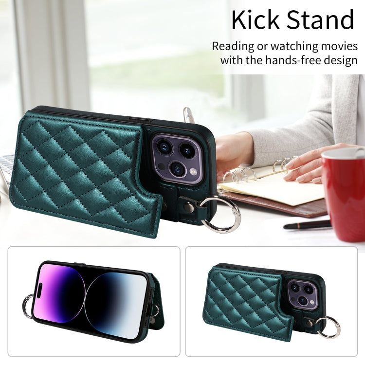 For iPhone 14 Pro Max Rhombic Texture Card Bag Phone Case with Short Lanyard