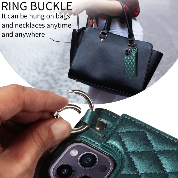 For iPhone 14 Pro Max Rhombic Texture Card Bag Phone Case with Short Lanyard