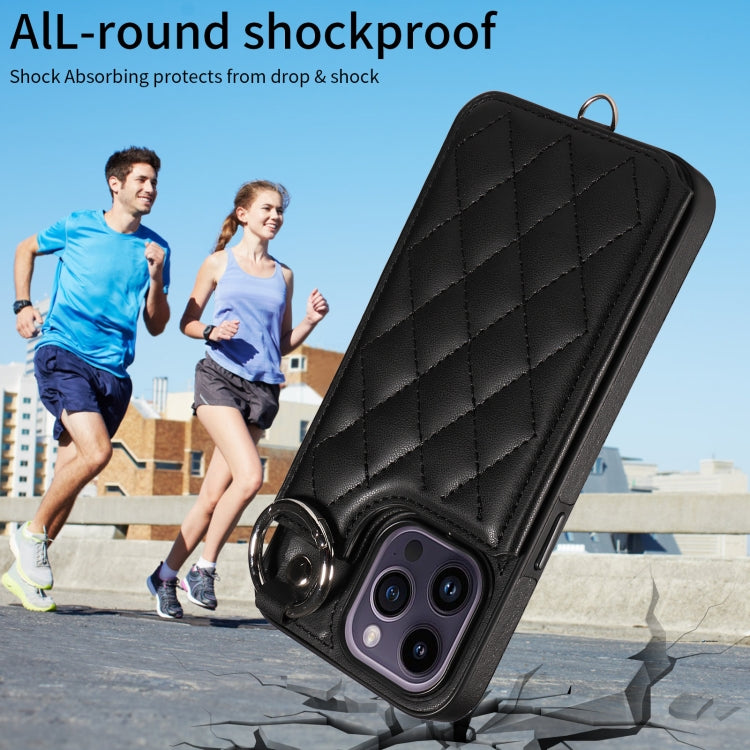 For iPhone 14 Pro Max Rhombic Texture Card Bag Phone Case with Short Lanyard