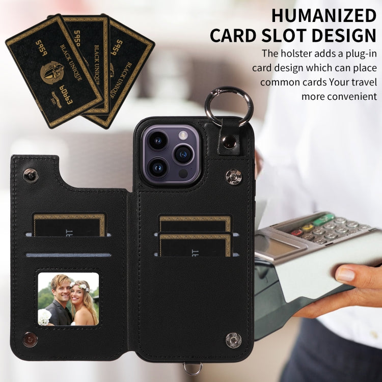 For iPhone 14 Pro Max Rhombic Texture Card Bag Phone Case with Short Lanyard