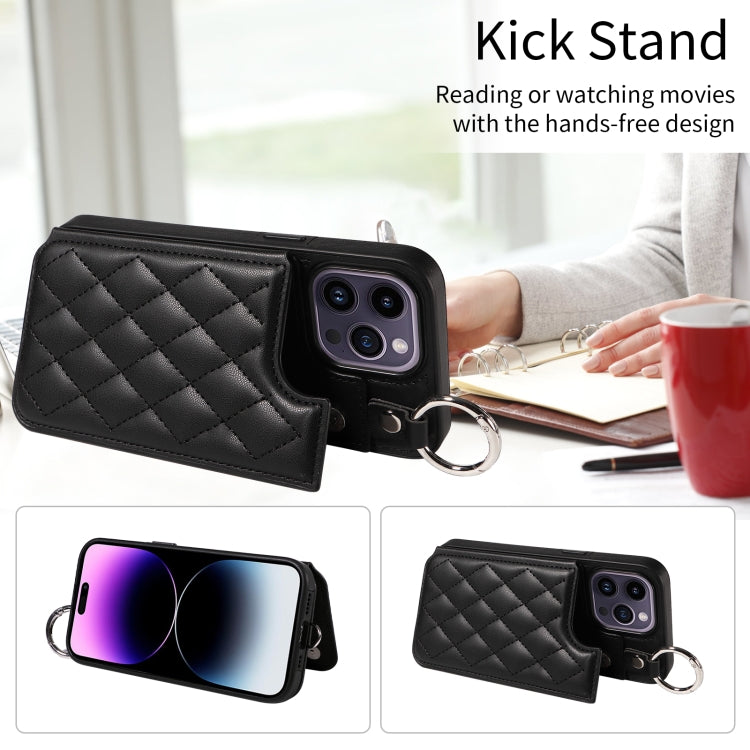 For iPhone 14 Pro Max Rhombic Texture Card Bag Phone Case with Short Lanyard