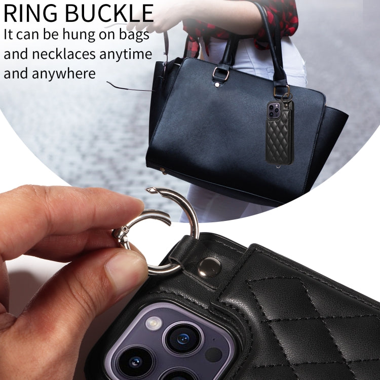 For iPhone 14 Pro Max Rhombic Texture Card Bag Phone Case with Short Lanyard