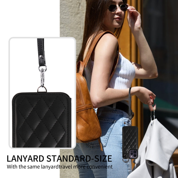 For iPhone 14 Pro Max Rhombic Texture Card Bag Phone Case with Short Lanyard