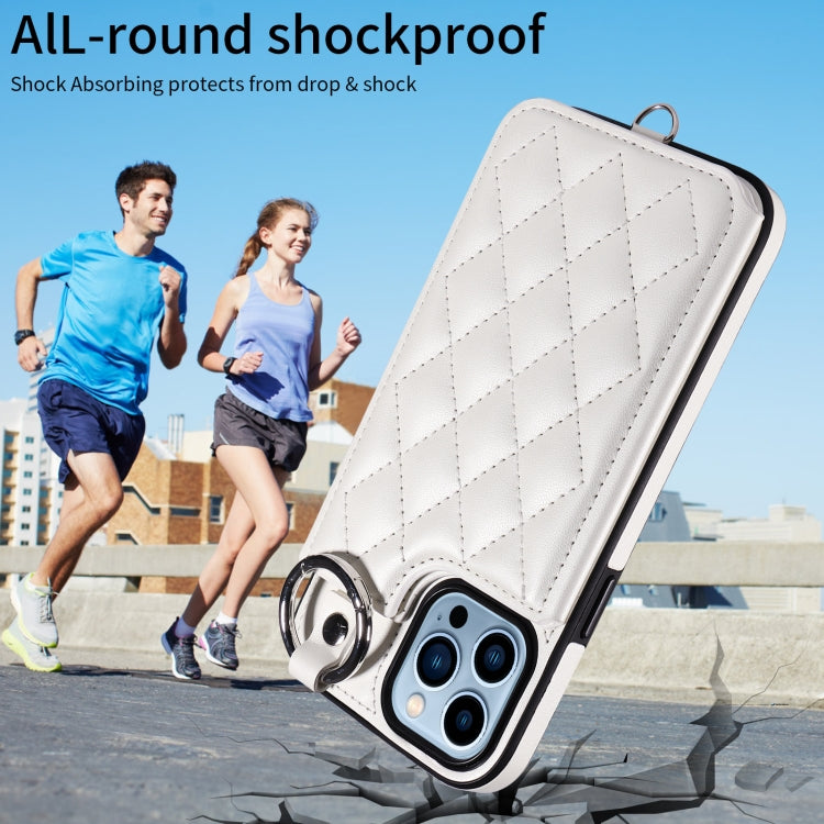 For iPhone 13 Pro Max Rhombic Texture Card Bag Phone Case with Short Lanyard