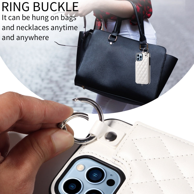 For iPhone 13 Pro Max Rhombic Texture Card Bag Phone Case with Short Lanyard