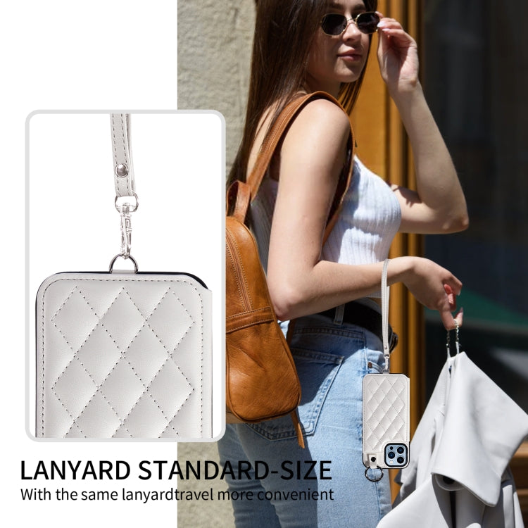 For iPhone 13 Pro Max Rhombic Texture Card Bag Phone Case with Short Lanyard