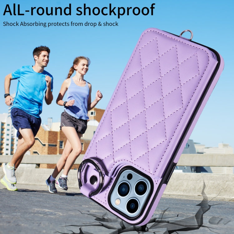 For iPhone 13 Pro Max Rhombic Texture Card Bag Phone Case with Short Lanyard