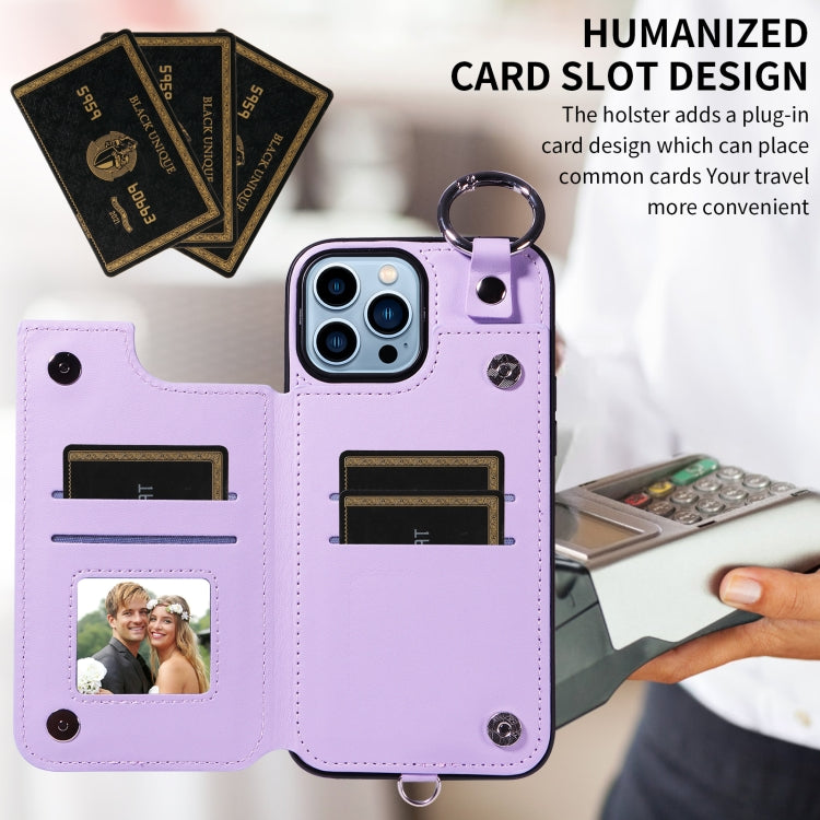 For iPhone 13 Pro Max Rhombic Texture Card Bag Phone Case with Short Lanyard