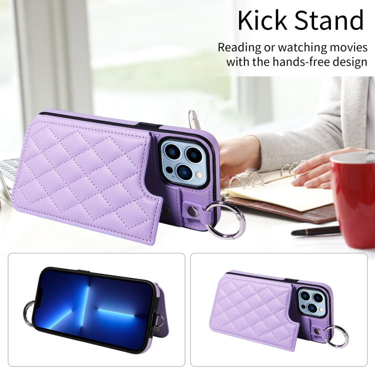 For iPhone 13 Pro Max Rhombic Texture Card Bag Phone Case with Short Lanyard