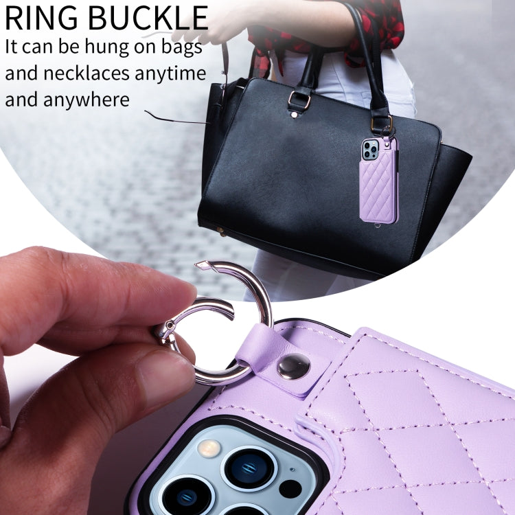 For iPhone 13 Pro Max Rhombic Texture Card Bag Phone Case with Short Lanyard