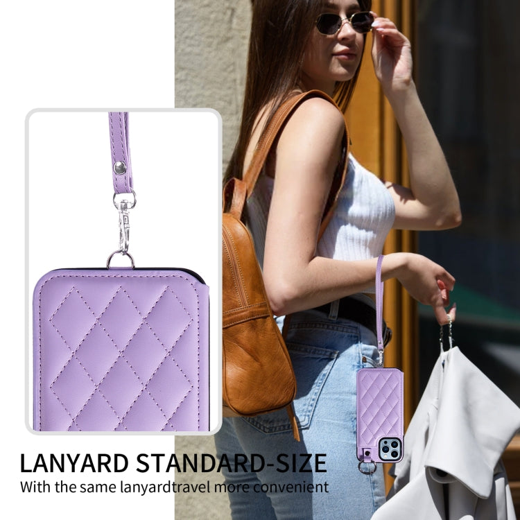 For iPhone 13 Pro Max Rhombic Texture Card Bag Phone Case with Short Lanyard
