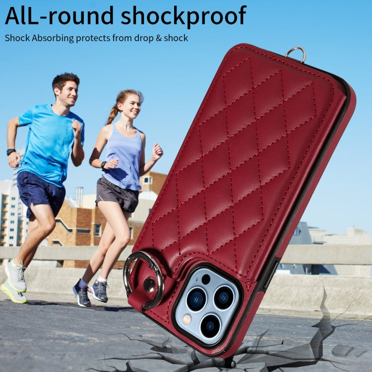 For iPhone 13 Pro Max Rhombic Texture Card Bag Phone Case with Short Lanyard