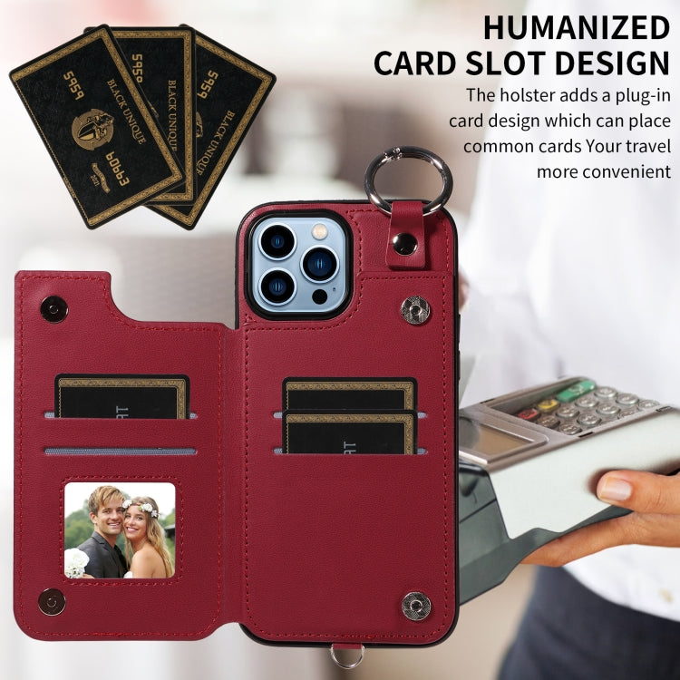 For iPhone 13 Pro Max Rhombic Texture Card Bag Phone Case with Short Lanyard