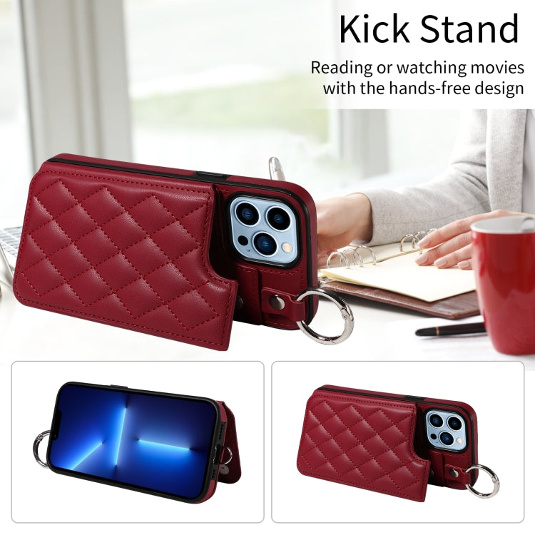 For iPhone 13 Pro Max Rhombic Texture Card Bag Phone Case with Short Lanyard