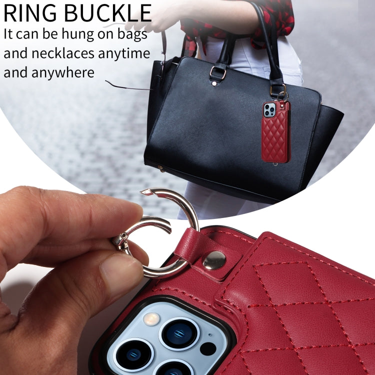 For iPhone 13 Pro Max Rhombic Texture Card Bag Phone Case with Short Lanyard