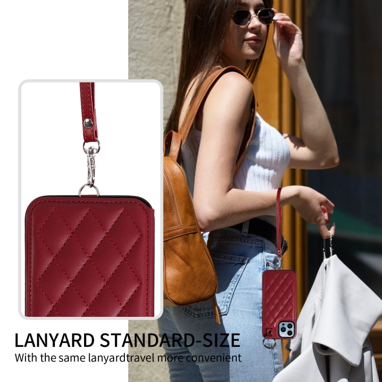 For iPhone 13 Pro Max Rhombic Texture Card Bag Phone Case with Short Lanyard