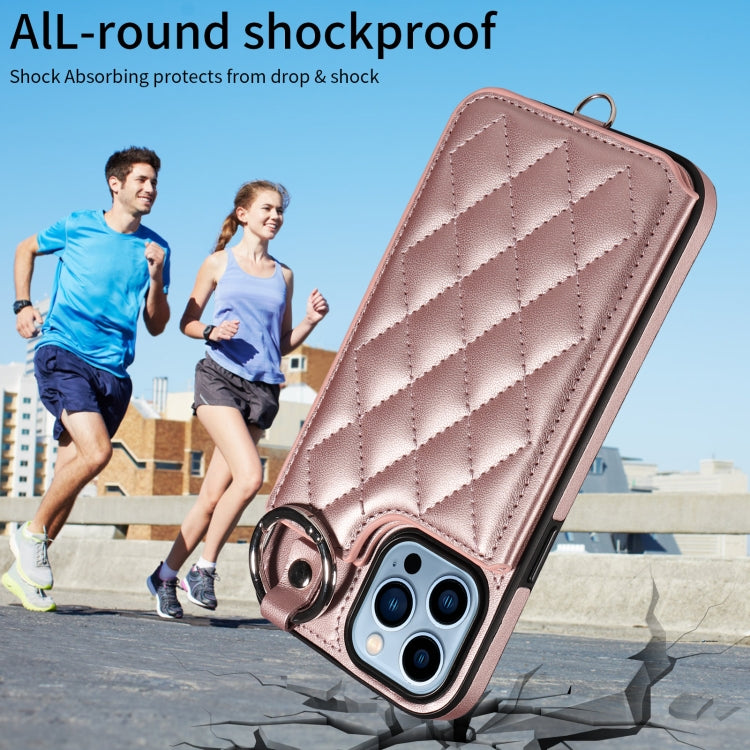 For iPhone 13 Pro Max Rhombic Texture Card Bag Phone Case with Short Lanyard