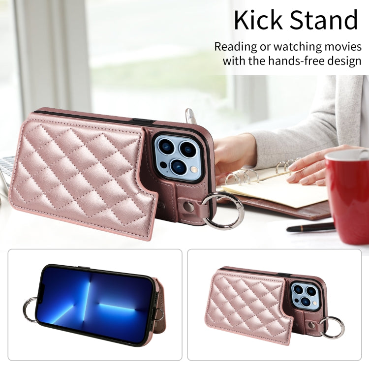 For iPhone 13 Pro Max Rhombic Texture Card Bag Phone Case with Short Lanyard