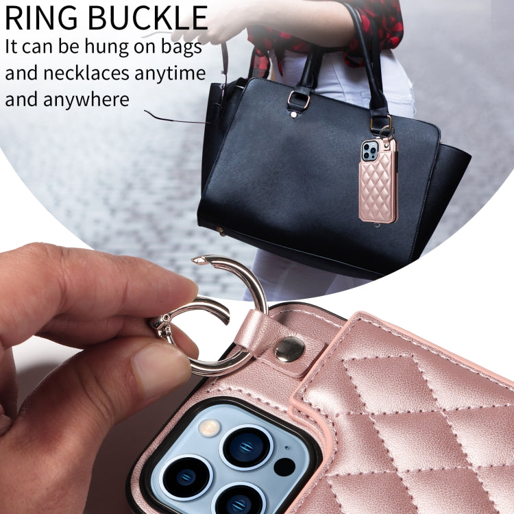 For iPhone 13 Pro Max Rhombic Texture Card Bag Phone Case with Short Lanyard