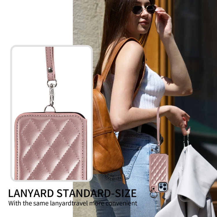 For iPhone 13 Pro Max Rhombic Texture Card Bag Phone Case with Short Lanyard