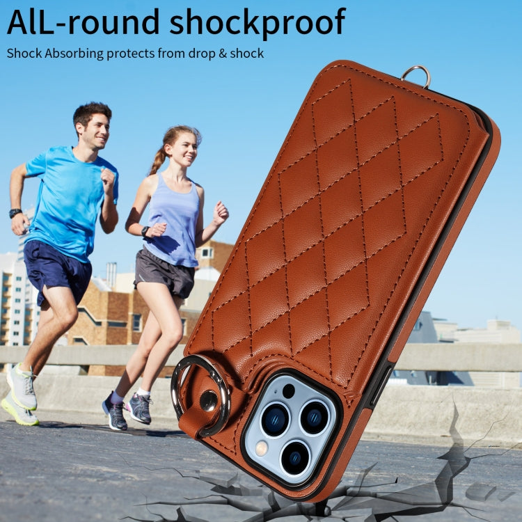 For iPhone 13 Pro Max Rhombic Texture Card Bag Phone Case with Short Lanyard