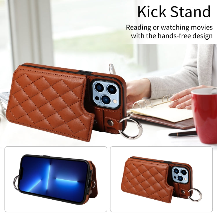 For iPhone 13 Pro Max Rhombic Texture Card Bag Phone Case with Short Lanyard