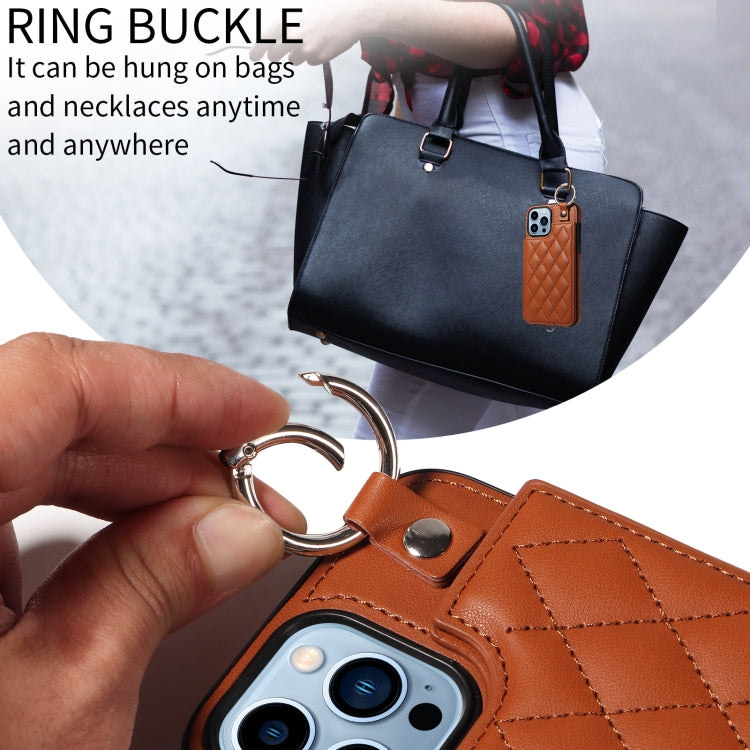 For iPhone 13 Pro Max Rhombic Texture Card Bag Phone Case with Short Lanyard