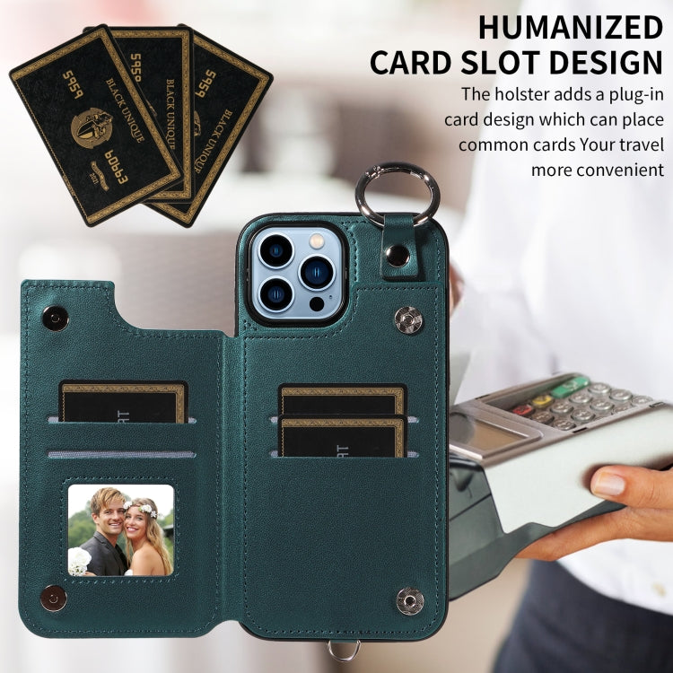 For iPhone 13 Pro Max Rhombic Texture Card Bag Phone Case with Short Lanyard