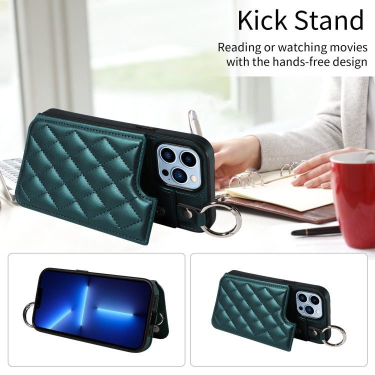 For iPhone 13 Pro Max Rhombic Texture Card Bag Phone Case with Short Lanyard
