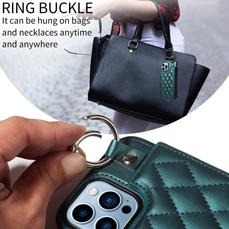 For iPhone 13 Pro Max Rhombic Texture Card Bag Phone Case with Short Lanyard