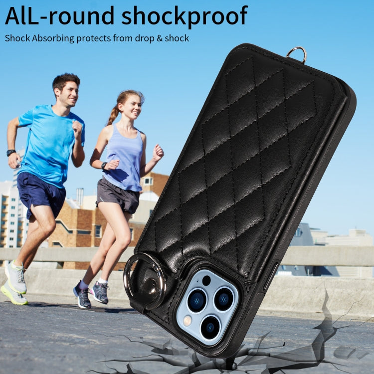 For iPhone 13 Pro Max Rhombic Texture Card Bag Phone Case with Short Lanyard