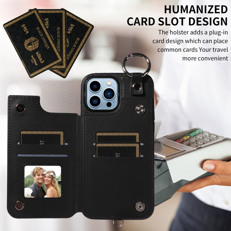 For iPhone 13 Pro Max Rhombic Texture Card Bag Phone Case with Short Lanyard