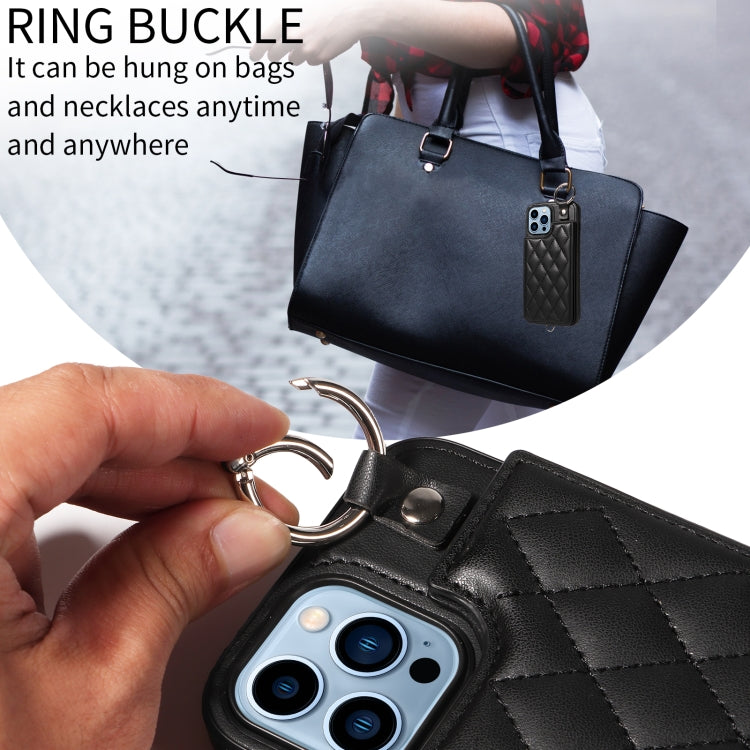 For iPhone 13 Pro Max Rhombic Texture Card Bag Phone Case with Short Lanyard