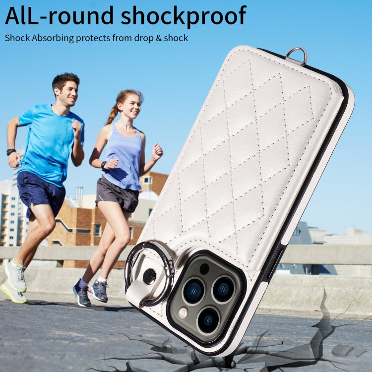 For iPhone 13 Pro Rhombic Texture Card Bag Phone Case with Short Lanyard