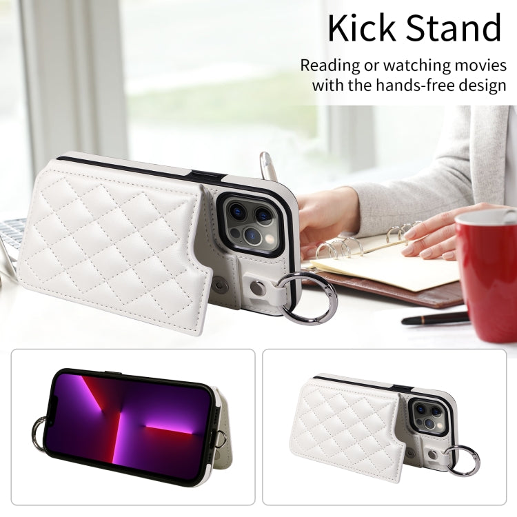 For iPhone 13 Pro Rhombic Texture Card Bag Phone Case with Short Lanyard