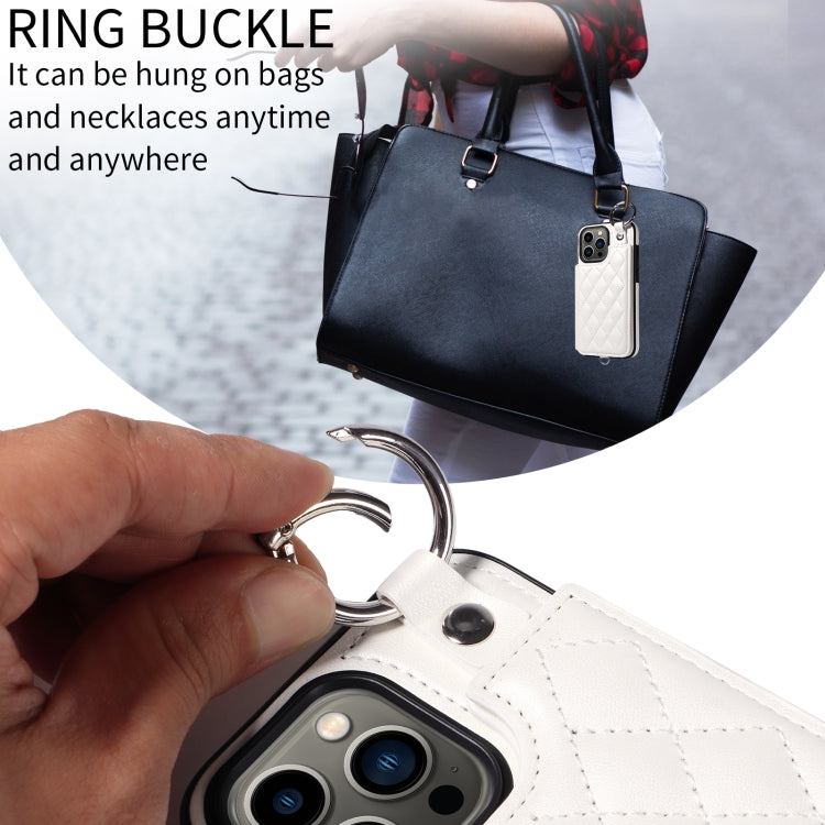 For iPhone 13 Pro Rhombic Texture Card Bag Phone Case with Short Lanyard