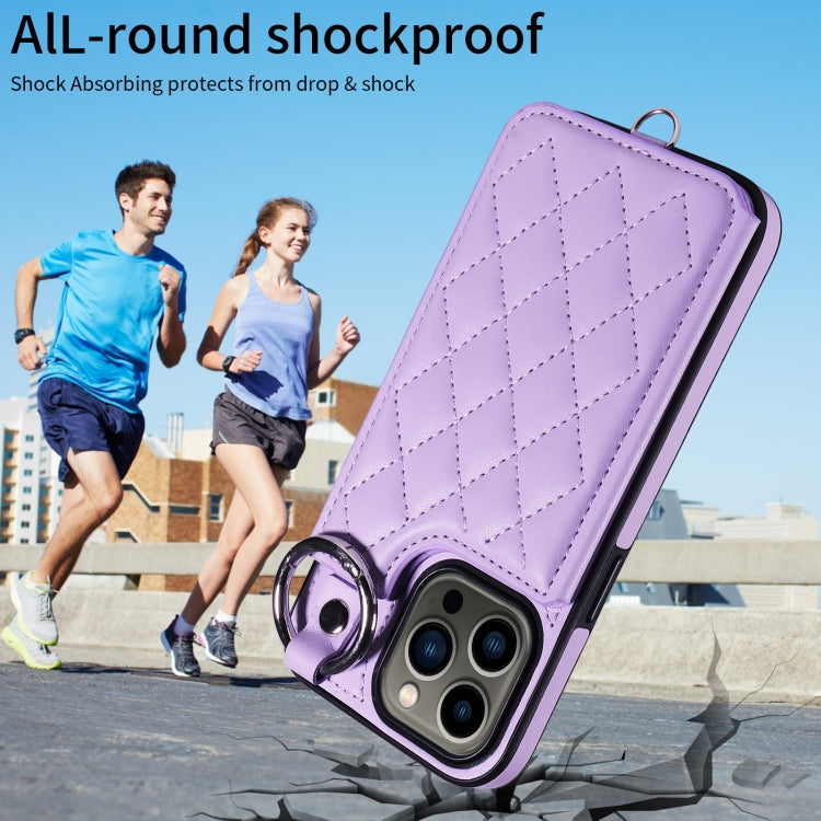 For iPhone 13 Pro Rhombic Texture Card Bag Phone Case with Short Lanyard