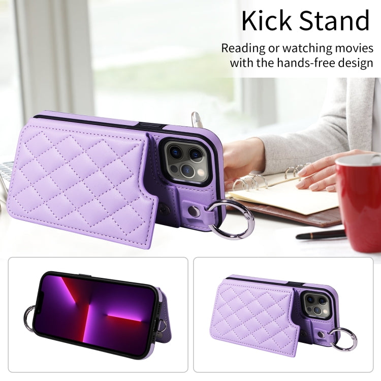 For iPhone 13 Pro Rhombic Texture Card Bag Phone Case with Short Lanyard