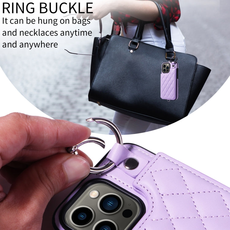 For iPhone 13 Pro Rhombic Texture Card Bag Phone Case with Short Lanyard
