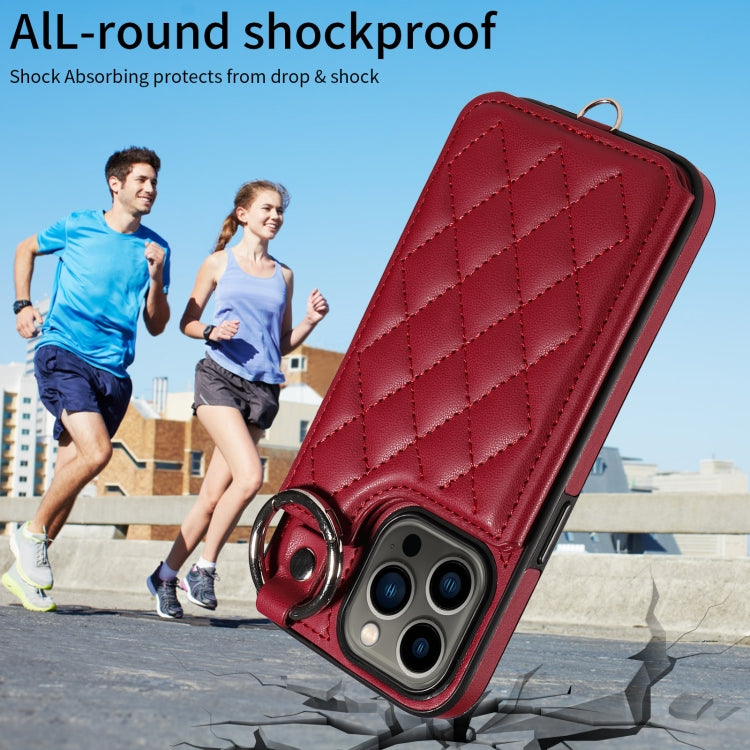 For iPhone 13 Pro Rhombic Texture Card Bag Phone Case with Short Lanyard