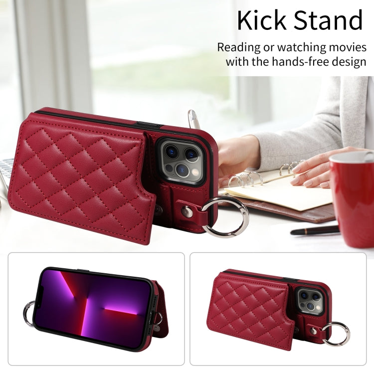 For iPhone 13 Pro Rhombic Texture Card Bag Phone Case with Short Lanyard