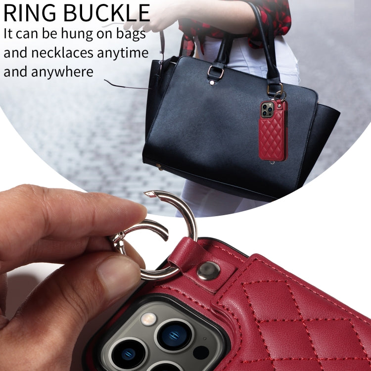 For iPhone 13 Pro Rhombic Texture Card Bag Phone Case with Short Lanyard