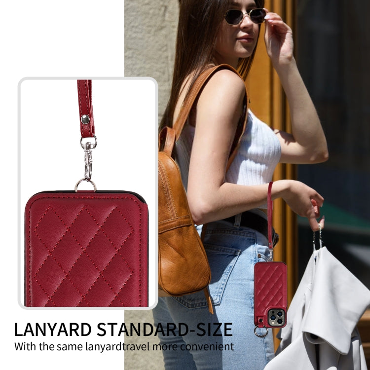 For iPhone 13 Pro Rhombic Texture Card Bag Phone Case with Short Lanyard