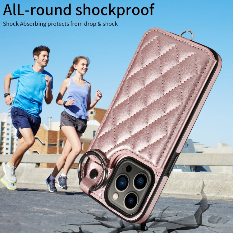 For iPhone 13 Pro Rhombic Texture Card Bag Phone Case with Short Lanyard