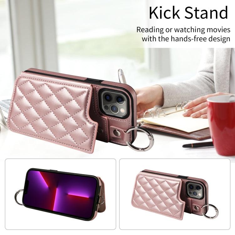 For iPhone 13 Pro Rhombic Texture Card Bag Phone Case with Short Lanyard